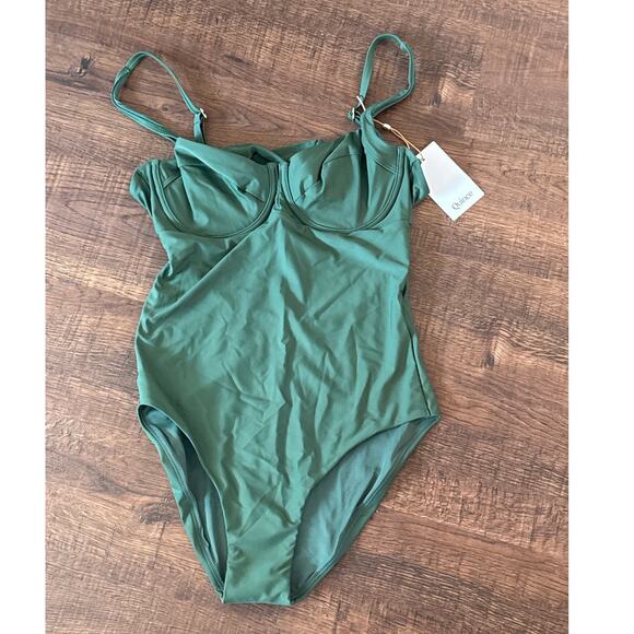 Quince Other - Quince Italian Underwire One-Piece Swimsuit Palm Olive Green Tie Back L NWT
